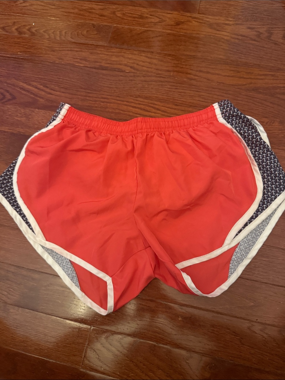 Simply Southern Red Athletic Shorts with Navy Patterned Side Panels